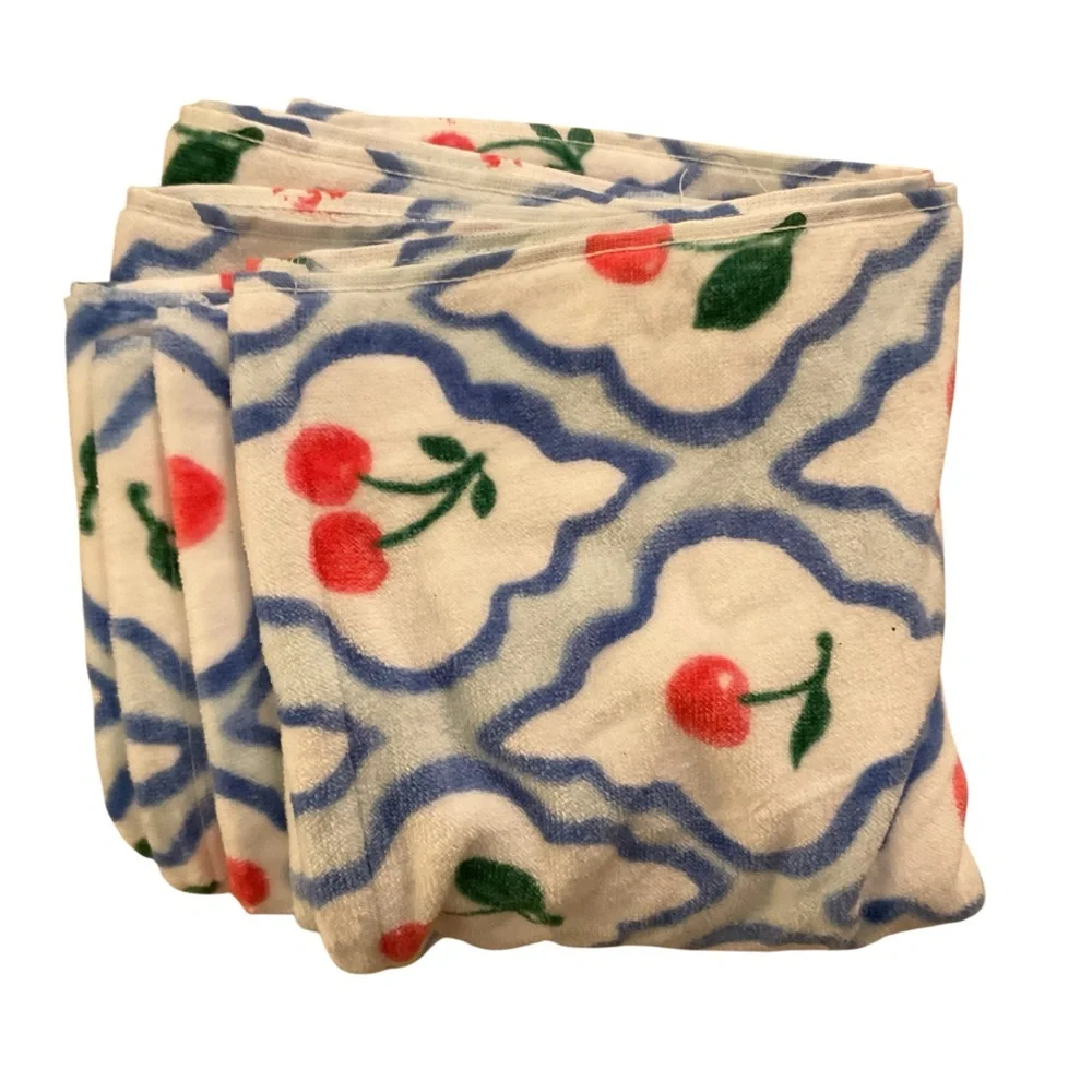 Nicole Miller 6’ Beach Towel with Cherry and Blue Design NWT